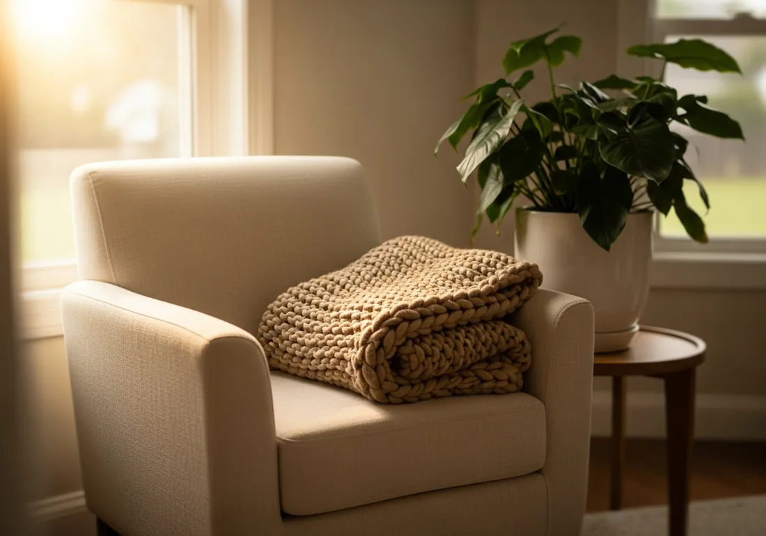 A cosy armchair with a knitted blanket beside a leafy plant in warm light