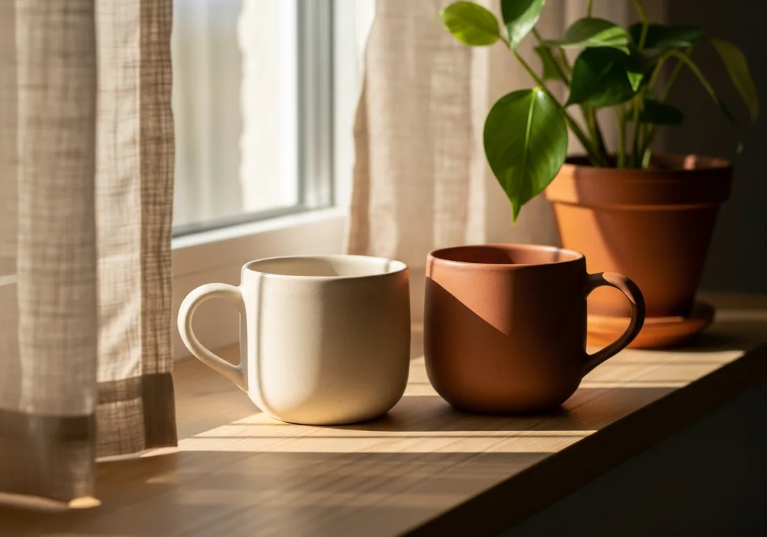 Two ceramic mugs resting side by side on a sunlit windowsill