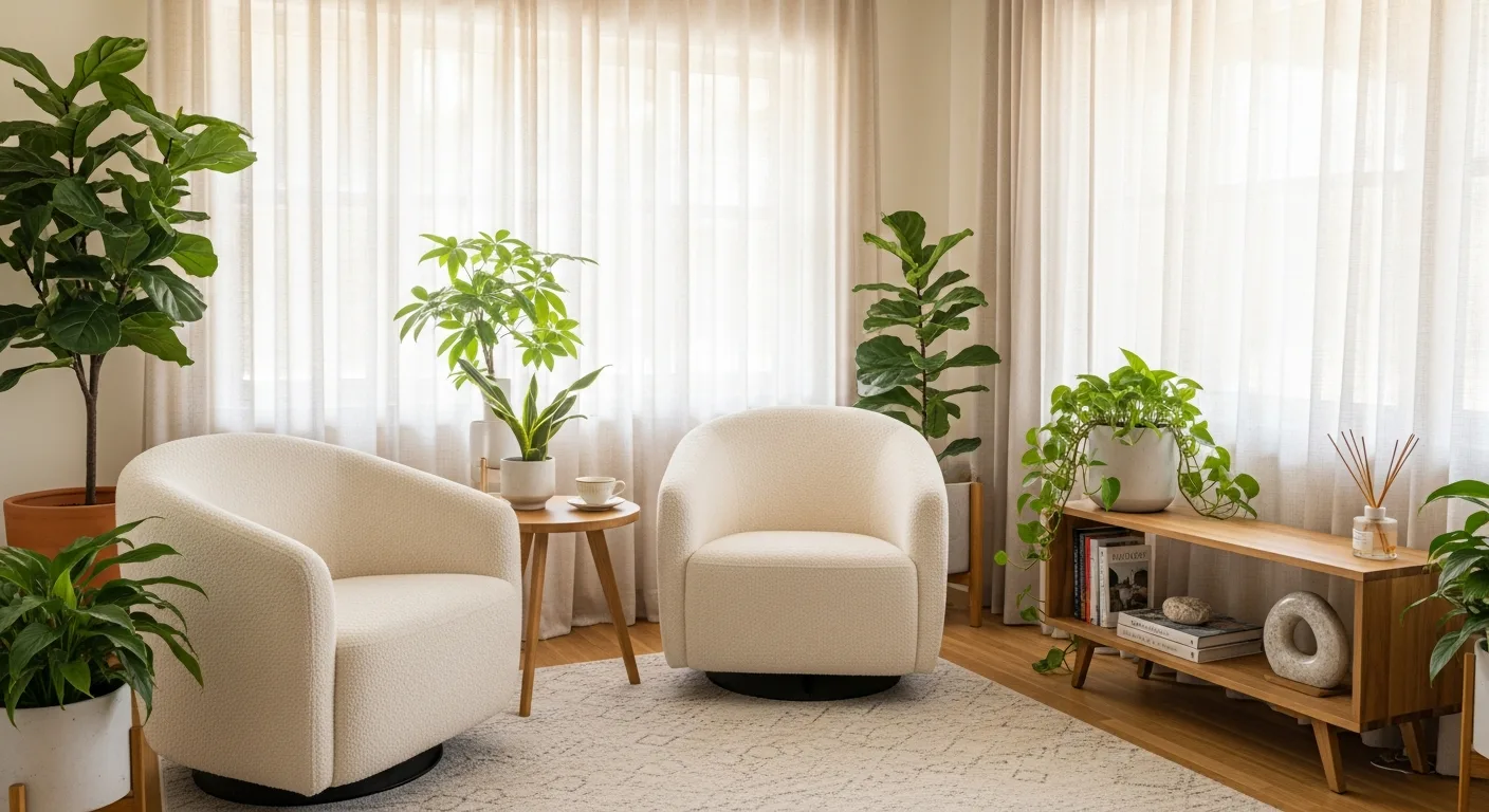 A calm, welcoming therapy space with soft chairs and plants, representing relationship counselling
